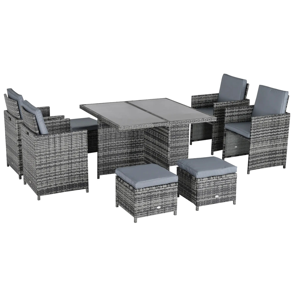 Grey woven rattan dining set with glass-top table, six chairs, cushions and two storage stools