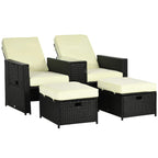 Outdoor wicker sun lounger set with light cushions, black frames, and storage ottomans
