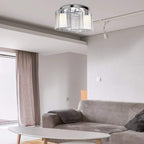 Semi-flush ceiling light with silver metal trim and two cream glass shades