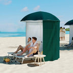 Green beach sun shelter umbrella with side curtains and arched canopy, open entry
