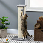 Grey vertical cat scratcher post with hanging ball and sisal-wrapped column; cat scratching