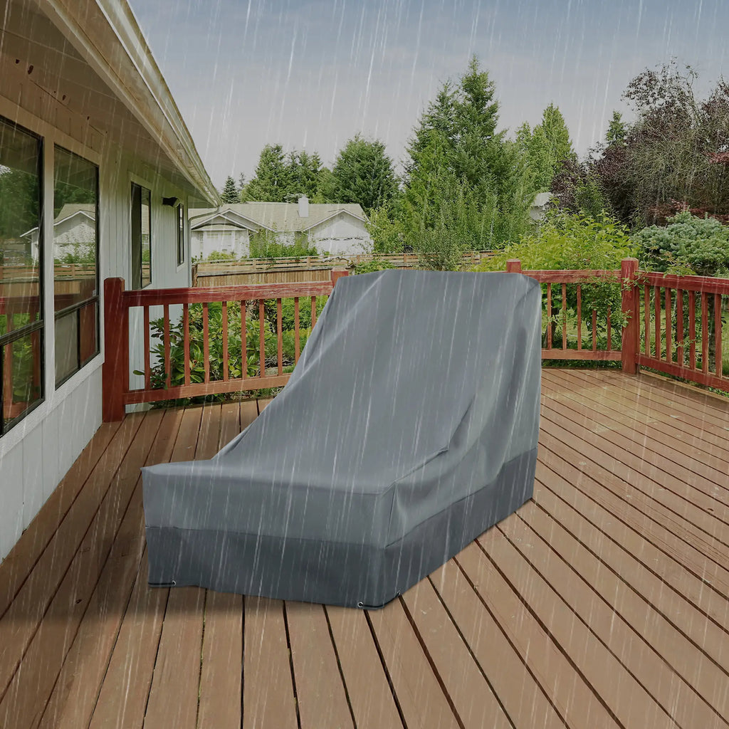 Dark gray cover fitted over a reclining patio chair