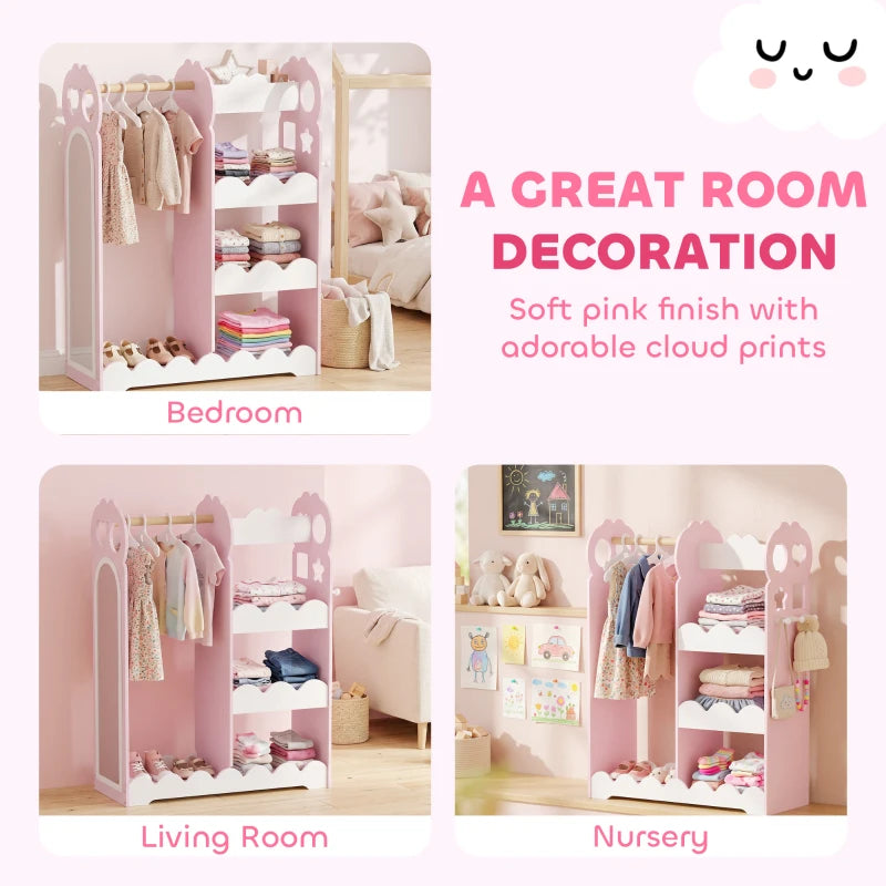 Kids pink dress-up wardrobe with cloud-print style, used as bedroom, living room, and nursery decor