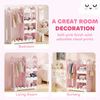 Kids pink dress-up wardrobe with cloud-print style, used as bedroom, living room, and nursery decor