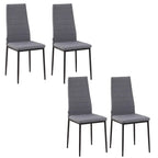 Set of four grey dining chairs with tall backs and black metal legs