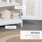 White floor cabinet open to storage shelves with elevated feet and slatted door.