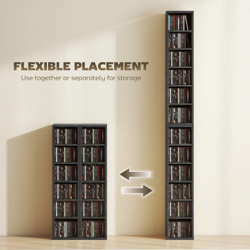Two black media shelf towers for flexible placement, open shelving compartments