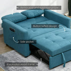 Blue loveseat sofa bed with button-tufted design, side pocket, and removable pillow