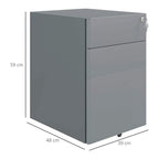 Grey 3-drawer rolling lockable filing cabinet shown with dimensions on sides