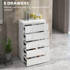 White high-gloss 5-drawer dresser with top drawer pulled open
