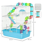 Light blue hamster cage with multi-tier ramps, tubes, and exercise wheel, with size callouts.