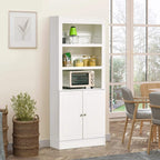 White freestanding pantry cabinet with open shelves and two lower cabinet doors