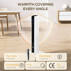 White space heater with tip-over and overheat protection icons