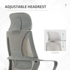 Grey office chair with adjustable headrest and padded backrest