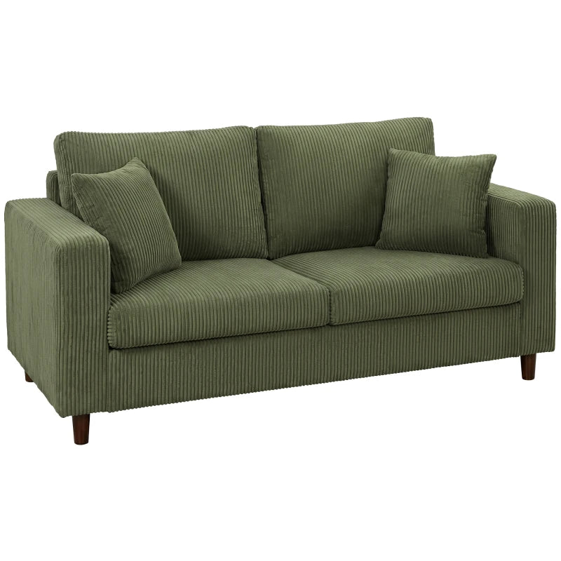 Green corduroy loveseat sofa with wide seat, two-seat design, and plush cushions