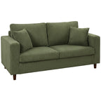 Green corduroy loveseat sofa with wide seat, two-seat design, and plush cushions
