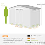 Light grey metal storage shed diagram with overall dimensions and base area details.