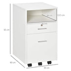 White two-drawer filing cabinet on caster wheels with open top compartment