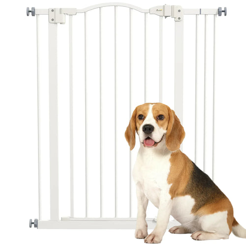 White metal folding dog safety gate with vertical bars and hinged side panels