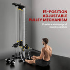 Wall-mounted dual pulley cable machine with 15-position adjustment and seated workout setup