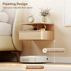Oak-toned floating bedside table with open top shelf and pull-out drawer, light wood grain