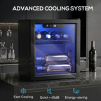 Black 12-bottle tabletop wine cooler with blue LED glow through front glass door.