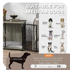 Grey dog crate end table with side open door and plush cushion for medium dogs