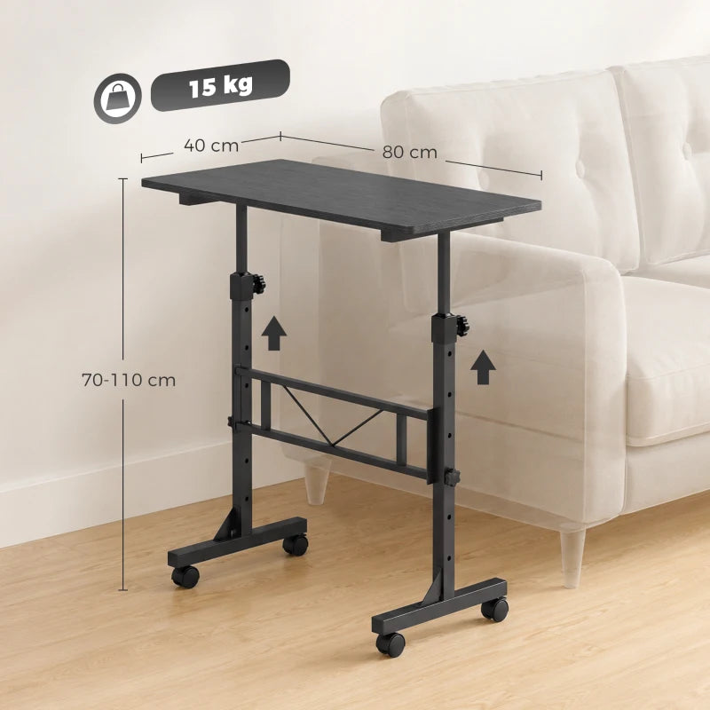 Black height-adjustable sofa side table on wheels, shown with size measurements