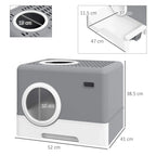 Grey enclosed cat litter box with front entry and top exit; pull-out tray shown