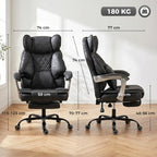 Black reclining office chair, side view with armrests and padded lumbar backrest