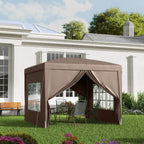 Coffee 3x3 pop up gazebo with roof canopy, draped curtains, and side window panels