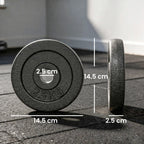Grey 2.5 kg weight plates showing 14.5 cm diameter and 2.5 cm center hole