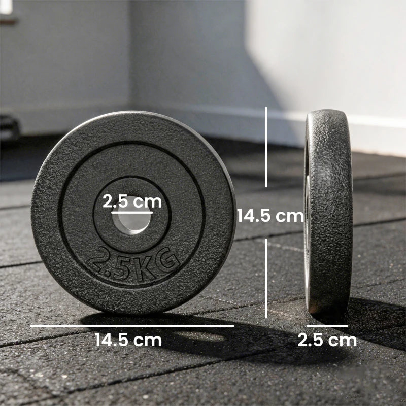 Grey 2.5 kg weight plates showing 14.5 cm diameter and 2.5 cm center hole