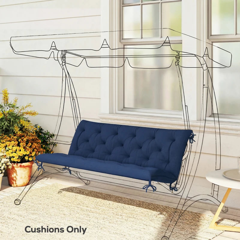 Dark blue 3-seat swing bench cushion with tufted quilting and dangling ties