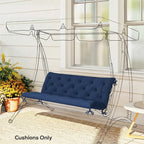 Dark blue 3-seat swing bench cushion with tufted quilting and dangling ties