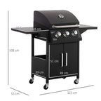 Black gas grill on wheeled trolley with open lid, thermometer, and front storage doors
