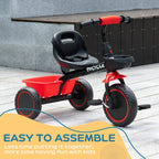 Red kids tricycle with black seat, front tray basket, and three red-rim wheels
