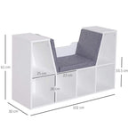 White cube storage shelf with gray cushioned seat and open cubby compartments