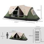 6–8 person camping tent in dark green and beige with open front and vented side windows