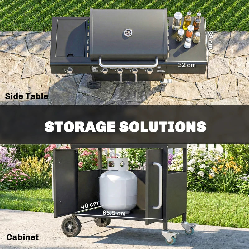 Black gas BBQ grill with side table and storage cabinet doors on wheels