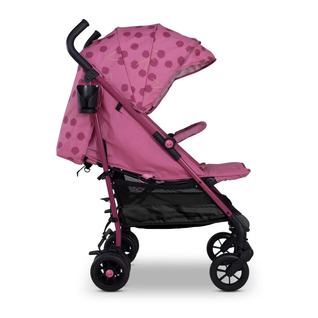 Cherry pink patterned stroller, reclined seat with canopy and footrest