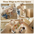 Folding drop-leaf dining table with compact folded and fully extended layouts