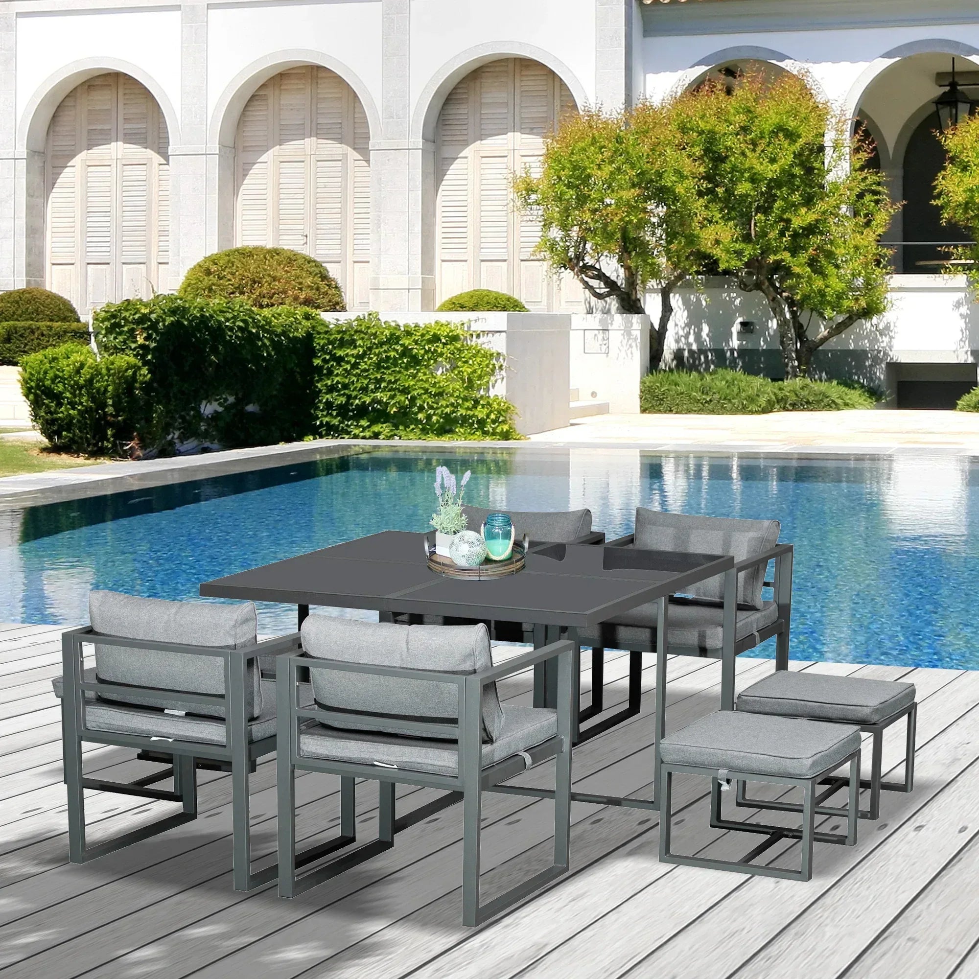 9PCs Patio Aluminium Dining Set, Space Saving Cube Set with 4 Chairs, 4 Ottoman, Cushions, 8 Seater Garden Furniture - Bobobiy