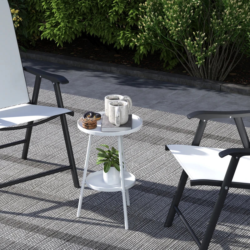 White two-tier round metal garden table with lower shelf and slim legs