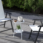 White two-tier round metal garden table with lower shelf and slim legs
