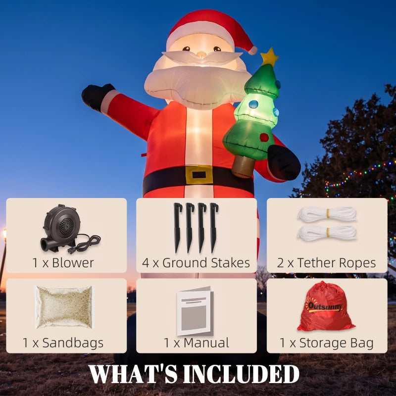 Inflatable Santa with glowing green tree plus included blower, stakes, ropes, and bag