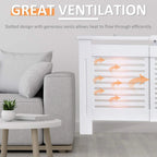 White radiator cover cabinet with horizontal slatted vents for heat flow, front corner view