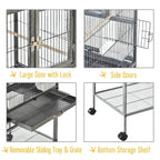 Black bird cage with large locking door, side doors, removable sliding tray and grate