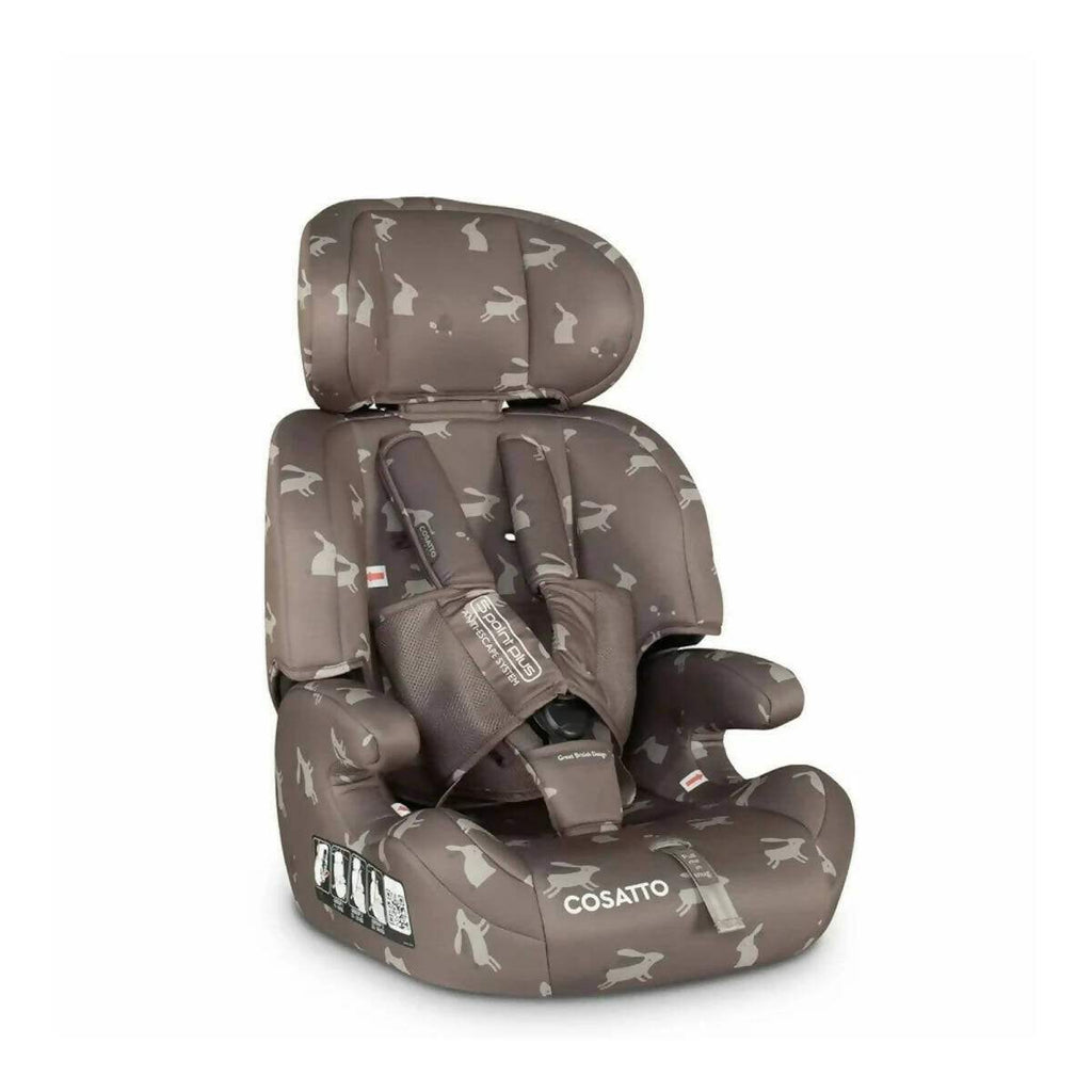 Brown car seat with white animal print, reclining seat position and padded harness