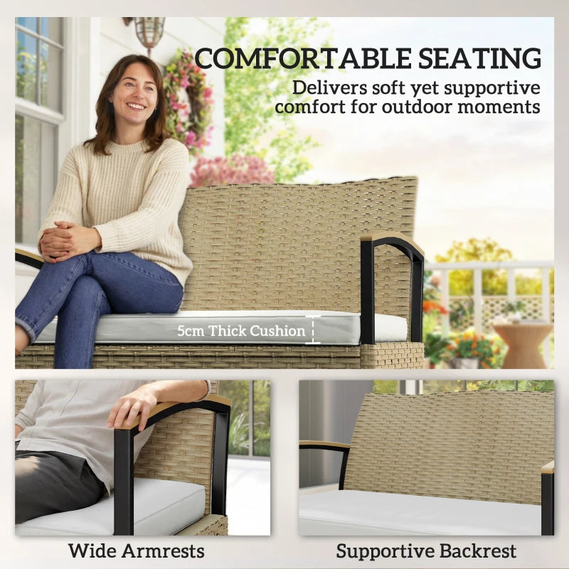 Khaki outdoor storage bench with thick padded cushion and supportive backrest